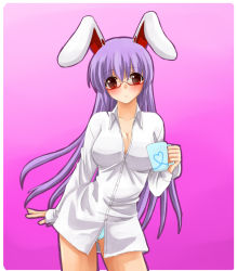 Rule 34 | 1girl, animal ears, bad id, bad pixiv id, bespectacled, blush, rabbit ears, cup, dress shirt, female focus, glasses, long hair, open clothes, open shirt, panties, purple hair, red eyes, reisen udongein inaba, shirt, solo, touhou, underwear, yuuki (ashitahare)