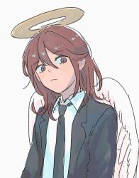 1boy androgynous angel_devil_(chainsaw_man) angel_wings black_jacket black_necktie chainsaw_man diabolo_menthe5 double-parted_bangs halo jacket layered_clothes male_focus medium_hair messy_hair necktie open_clothes open_jacket red_eyes red_hair solo traditional_halo white_background wings