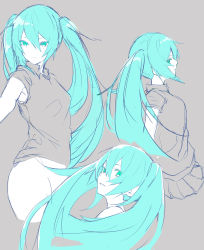 Rule 34 | 1girl, absurdres, aqua eyes, aqua hair, closed mouth, ff frbb122, grey background, grey shirt, greyscale, hatsune miku, highres, long hair, looking at viewer, looking to the side, monochrome, multiple views, shirt, skirt, twintails, vocaloid