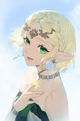 Rule 34 | 1girl, absurdres, blonde hair, braid, circlet, crown braid, dress, earrings, green eyes, hand on own chest, highres, jewelry, jiu xiao han, looking at viewer, magatama, magatama necklace, necklace, nintendo, open mouth, pendant, pointy ears, princess zelda, short hair, sidelocks, solo, strapless, strapless dress, the legend of zelda, the legend of zelda: tears of the kingdom, upper body