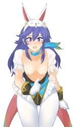 Rule 34 | 1girl, animal ears, animal hat, blue eyes, blue hair, blush, breasts, choker, cleavage, cleavage reach, collarbone, curvy, downblouse, easter, embarrassed, extended downblouse, fake animal ears, female focus, fire emblem, fire emblem awakening, fire emblem heroes, flashing, gloves, gluteal fold, hat, highres, leaning forward, leotard, long hair, looking at viewer, lucina (fire emblem), nintendo, nipples, no bra, official alternate costume, open mouth, pantyhose, playboy bunny, pulled by self, rabbit ears, rabbit hat, short sleeves, small breasts, solo, standing, sweatdrop, thighs, transparent background, tridisart
