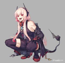 Rule 34 | 1girl, arm support, artist name, bare shoulders, black bodysuit, black coat, black footwear, bodysuit, boots, breasts, coat, collar, fangs, full body, girls&#039; frontline, grey background, headgear, highres, light brown hair, long hair, looking at viewer, m4 sopmod ii (girls&#039; frontline), m4 sopmod ii (mod3) (girls&#039; frontline), mechanical arms, mechanical tail, medium breasts, multicolored hair, open mouth, red eyes, simple background, smile, solo, squatting, streaked hair, tail, teeth, thigh boots, tongue, zocehuy