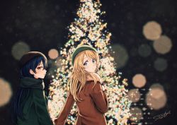 Rule 34 | 2girls, ayase eli, blonde hair, blue eyes, blue hair, christmas tree, coat, commentary request, hair down, hat, long hair, looking at viewer, looking back, love live!, love live! school idol project, multiple girls, scarf, sonoda umi, suito, yellow eyes