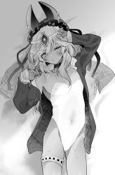 Rule 34 | 1girl, animal ears, arms up, blush, check copyright, choker, commentary, copyright request, covered navel, cowboy shot, flat chest, hayashidahana, headpiece, highleg, highleg leotard, highres, jacket, leotard, long hair, looking at viewer, lying, monochrome, nipples, on back, open clothes, open jacket, original, parted lips, see-through, solo, sweat, symbol-only commentary, thighlet, white leotard