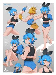 Rule 34 | 2girls, :&lt;, ?, absurdres, alternate hairstyle, arm up, ass, bare shoulders, barefoot, black choker, black hairband, black ribbon, black sports bra, blonde hair, blue hair, blue nails, blue shorts, boxing, boxing gloves, braid, breasts, character name, choker, cleavage, closed mouth, collarbone, commentary, cropped legs, dated, dif (difman), difman, english commentary, eyes visible through hair, feet, finger to cheek, full body, grey background, grey sports bra, hair ribbon, hairband, halftone, halftone background, hand up, highres, looking ahead, looking at another, looking at viewer, medium breasts, micro shorts, midriff, mole, mole under eye, multiple girls, multiple views, nail polish, navel, notice lines, open mouth, orange eyes, original, outstretched arm, profile, punching, ribbon, serious, short hair, shorts, sitting, smile, soles, sports bra, standing, tearing up, toenails, toned, turning head, wavy mouth, yellow shorts