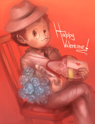 Rule 34 | 1boy, alternate costume, artist name, black necktie, blue flower, blue rose, blush stickers, bouquet, bowler hat, box, box of chocolates, brown hair, cigarette, collared jacket, collared shirt, commentary, crossed legs, danganronpa (series), danganronpa v3: killing harmony, ear piercing, english commentary, english text, envelope, feet out of frame, fingernails, flower, formal, gradient background, grey eyes, half-closed eye, happy valentine, hat, heart-shaped box, highres, holding, holding bouquet, holding box, holding envelope, hoshi ryoma, jacket, lapels, letter, light smile, loiodg, long sleeves, love letter, male focus, mouth hold, necktie, notched lapels, on chair, pants, parted lips, piercing, red background, rose, shirt, short hair, simple background, sitting, solo, suit, valentine, white hat, white jacket, white pants, white shirt, white suit