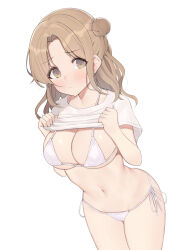 Rule 34 | 1girl, aa211108, bikini, blush, breasts, cleavage, clothes lift, hair bun, highres, ichikawa hinana, idolmaster, idolmaster shiny colors, large breasts, lifted by self, light brown hair, looking at viewer, navel, parted lips, shirt, shirt lift, simple background, single side bun, solo, stomach, swimsuit, white background, white bikini, white shirt