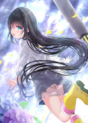 Rule 34 | 1girl, :d, black hair, black skirt, blue eyes, blue flower, blurry, blurry background, blurry foreground, blush, boots, cloud, cloudy sky, commentary request, depth of field, flower, hair between eyes, highres, hydrangea, knee boots, kouda suzu, long hair, long sleeves, looking at viewer, looking back, open mouth, original, outdoors, petals, pleated skirt, pole, purple flower, raincoat, rubber boots, see-through, shirt, shoe soles, skirt, sky, smile, solo, standing, standing on one leg, sunlight, very long hair, white shirt, yellow footwear