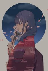 Rule 34 | 1girl, absurdres, ageharuuu, artist name, blue hair, branch, brown eyes, cherry blossoms, circle, cloud, covered mouth, egasumi, fingernails, floral print, flower, flower to mouth, from side, grey background, hanayagi kaoruko, hand up, highres, holding, holding branch, japanese clothes, kimono, long hair, long sleeves, looking away, nail polish, night, night sky, obi, pink flower, print kimono, profile, red kimono, red nails, sash, shoujo kageki revue starlight, sidelocks, sky, solo, upper body, wide sleeves