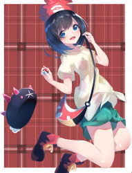 Rule 34 | 1girl, :d, absurdres, bag, beanie, black footwear, black hair, blue eyes, blush, boots, breasts, brown shirt, commentary request, creatures (company), cross-laced footwear, floral print, game freak, gen 7 pokemon, green shorts, hair between eyes, hat, highres, holding, holding poke ball, lace-up boots, long hair, looking at viewer, nintendo, open mouth, plaid, plaid background, poke ball, poke ball (basic), pokemon, pokemon (creature), pokemon sm, print shirt, pyukumuku, red background, red headwear, selene (pokemon), shirt, short shorts, short sleeves, shorts, shoulder bag, small breasts, smile, suisen-21, tied shirt, two-tone background, white background, wide sleeves