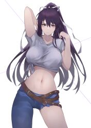 Rule 34 | 1girl, absurdres, arm behind head, asymmetrical clothes, asymmetrical legwear, belt, black hair, blue pants, breasts, bright pupils, brown belt, closed mouth, collarbone, contrapposto, denim, feet out of frame, hair between eyes, hair ribbon, hand up, hazerou, highres, jeans, kanzaki kaori, large breasts, light blush, light frown, long hair, looking at viewer, midriff, navel, pants, ponytail, purple eyes, ribbon, shirt, short sleeves, simple background, single pantsleg, solo, stomach, thighs, tied shirt, toaru majutsu no index, uneven legwear, white ribbon, white shirt, wire