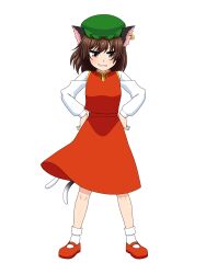 Rule 34 | 1girl, absurdres, animal ear piercing, animal ears, bobby socks, brown eyes, brown hair, cat ears, cat tail, chen, commentary request, earrings, frills, full body, gold trim, grin, hands on own hips, hat, highres, jewelry, legs apart, light blush, long sleeves, looking at viewer, mary janes, medium hair, mob cap, multiple tails, nekomata, puffy long sleeves, puffy sleeves, red skirt, red vest, shoes, simple background, single earring, skirt, skirt set, smile, socks, solo, standing, tail, tatsu toyoyo, teeth, touhou, two tails, v-shaped eyebrows, vest, white background
