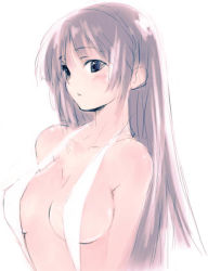 Rule 34 | 1girl, arms at sides, bikini, blue eyes, breasts, breasts apart, brown hair, from side, halterneck, kawata hisashi, large breasts, long hair, one-piece swimsuit, original, parted bangs, simple background, slingshot swimsuit, solo, swimsuit, white background, white one-piece swimsuit