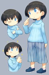 Rule 34 | + +, 1girl, bachera, black hair, blue eyes, blue footwear, blue sweater, blush, closed mouth, cropped torso, grey background, highres, multiple views, one eye closed, original, pants, parted lips, pinstripe pants, pinstripe pattern, ribbed sweater, shoes, simple background, smile, sparkle, standing, striped clothes, striped pants, sweater, turtleneck, turtleneck sweater, upper body, vertical-striped clothes, vertical-striped pants, wavy mouth