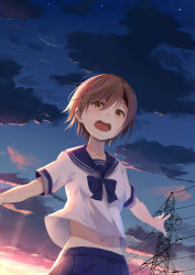 Rule 34 | 1girl, alexmaster, blush, brown eyes, cloud, hair ornament, hairclip, highres, midriff, navel, open mouth, original, outstretched arms, power lines, school uniform, serafuku, short hair, sky, solo, spread arms, sunset, teeth, tongue, utility pole, utility pole (object)