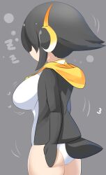 Rule 34 | 1girl, ass, bird tail, black hair, black jacket, breasts, commentary request, cowboy shot, emperor penguin (kemono friends), from behind, grey background, headphones, highres, jacket, kemono friends, large breasts, lets0020, multicolored hair, numbered, one-piece swimsuit, open clothes, open jacket, orange hair, short hair, sidelocks, solo, streaked hair, swimsuit, tail, white one-piece swimsuit, zzz