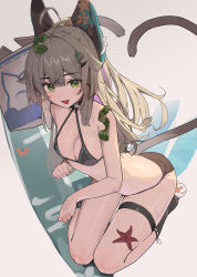 Rule 34 | 1girl, ahoge, animal ears, bikini, black bikini, black choker, blush, bow, breasts, brown bow, cat ears, cat feet, cat girl, cat tail, choker, collarbone, commentary, dot nose, double-parted bangs, food delivery box, from above, genshin impact, green eyes, hair ornament, hairclip, halterneck, highres, kirara (genshin impact), kneeling, light brown hair, long hair, looking at viewer, lovelyme, multiple tails, nekomata, open mouth, paw pose, seaweed, small breasts, socks, solo, star (symbol), star hair ornament, starfish, swimsuit, symbol-only commentary, tail, thigh strap, two tails