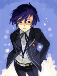 Rule 34 | 1boy, atlus, belt, blue background, blue eyes, blue hair, closed mouth, clothes, digital media player, hand in pocket, headphones, jacket, lips, looking to the side, male focus, matching hair/eyes, namekata fumiaki, open clothes, open jacket, persona, persona 3, school uniform, solo, standing, yuuki makoto (persona 3)