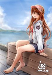 Rule 34 | 1girl, barefoot, bikini, bikini under clothes, blue sky, blunt bangs, bracelet, brown hair, cloud, commentary request, day, green eyes, helena (kancolle), hood, hooded jacket, hoodie, jacket, jewelry, kantai collection, ld (luna dial398), long hair, looking at viewer, ocean, official alternate costume, outdoors, red bikini, sitting, sky, smile, solo, swimsuit, swimsuit under clothes, visor cap, white jacket