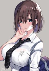 Rule 34 | 1girl, aqua eyes, artist name, bag, blush, breast pocket, breasts, brown hair, buttons, commentary request, fingernails, grey background, hand up, large breasts, lips, mataro (matarou), necktie, original, pocket, shirt, short hair, sidelocks, signature, simple background, sleeves rolled up, solo, striped, upper body, white shirt