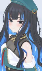 Rule 34 | 1girl, absurdres, bare shoulders, black eyes, black hair, blue hair, blunt bangs, closed mouth, colored inner hair, fate/grand order, fate (series), green hat, hat, highres, jacket, long hair, looking at viewer, multicolored hair, off shoulder, simple background, smile, solo, tenochtitlan (fate), tenochtitlan (second ascension) (fate), upper body, wavy hair, wennananyan, white background