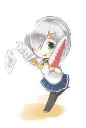 Rule 34 | 1girl, blue sailor collar, breasts, chibi, food, green eyes, grey hair, grey skirt, hair ornament, hair over one eye, hairclip, hamakaze (kancolle), highres, holding, ice cream, kantai collection, large breasts, neckerchief, pleated skirt, running, sailor collar, school uniform, serafuku, short hair, simple background, skirt, soft serve, solo, spill, taisinkoku, tongue, tongue out, white background, yellow neckerchief