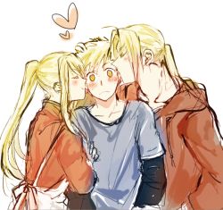 Rule 34 | &gt; &lt;, 1girl, 2boys, ^ ^, alphonse elric, apron, bisexual male, blonde hair, blush, blush stickers, brothers, closed eyes, commentary request, edward elric, embarrassed, closed eyes, fullmetal alchemist, hand on another&#039;s arm, hand on another&#039;s head, heart, height difference, hood, hood down, hooded jacket, hoodie, jacket, kissing cheek, long hair, long sleeves, looking away, multiple boys, nervous, ponytail, profile, sandwiched, short hair, siblings, simple background, standing, surprised, sweatdrop, tsukuda0310, upper body, v-shaped eyebrows, white background, wide-eyed, winry rockbell, yellow eyes