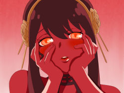 Rule 34 | 1girl, bare shoulders, black hair, commentary request, crazy eyes, dreamoon-q, glowing, glowing eyes, hair between eyes, hairband, hands on own cheeks, hands on own face, looking at viewer, mirai nikki, orange eyes, red background, sidelocks, solo, spy x family, upper body, yandere, yandere trance, yor briar