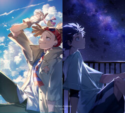Rule 34 | 2boys, animal, animal on head, arm up, back-to-back, balcony, bandana, bird, bird on head, blue shirt, blurry, boku no hero academia, bright pupils, brown hair, chromatic aberration, closed mouth, cloud, cloudy sky, collared shirt, commentary request, contrast, copyright name, cumulonimbus cloud, dark, day, depth of field, dress shirt, feet out of frame, floating hair, floating neckwear, flower, freckles, from side, gloves, green eyes, green pants, grey eyes, grey gloves, happy, high ponytail, highres, jacket, knee up, light particles, looking afar, looking to the side, looking up, male focus, mebaru, midoriya izuku, multiple boys, nebula, necktie, night, on head, open clothes, open jacket, orange flower, outstretched arm, pants, parted lips, partial commentary, patch, pino (boku no hero academia), profile, railing, red bandana, rody soul, shirt, short sleeves, shorts, sidelighting, sideways mouth, single vertical stripe, sky, smile, spiked hair, star (sky), starry sky, striped necktie, sunlight, t-shirt, two-tone necktie, white bird, white pupils, wind