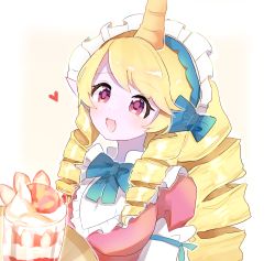 Rule 34 | 1girl, :d, blonde hair, blush, bow, bowtie, breasts, cafe cuties soraka, colored skin, commentary request, detached sleeves, drill hair, food, green bow, green bowtie, hair bow, heart, horns, league of legends, long hair, long sleeves, maid, maid headdress, open mouth, pink eyes, pink hair, pink shirt, pink skin, pointy ears, samiya (samiyaan), shirt, single horn, smile, solo, soraka (league of legends), upper body, white sleeves
