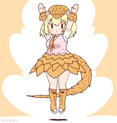 Rule 34 | 1girl, animal ears, arms up, blonde hair, boots, brown background, cardigan, coroha, extra ears, full body, giant pangolin (kemono friends), hat, jumping, kemono friends, looking at viewer, necktie, pangolin ears, pangolin tail, shirt, short hair, simple background, skirt, solo, tail, wristband