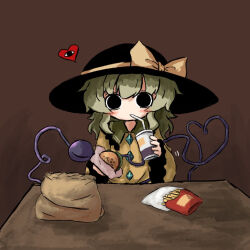 Rule 34 | 1girl, black eyes, black hat, blouse, blush, bow, brown background, burger, buttons, cup, diamond button, eyeball, food, french fries, frilled shirt collar, frilled sleeves, frills, green hair, hat, hat bow, hat ribbon, heart, heart of string, heripantomorrow, holding, holding food, komeiji koishi, long sleeves, looking at viewer, medium hair, ribbon, shirt, solo, third eye, touhou, upper body, wavy hair, wide sleeves, yellow bow, yellow ribbon, yellow shirt