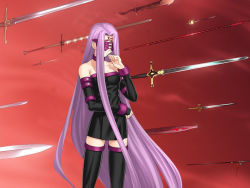 Rule 34 | 1girl, bare shoulders, blindfold, choker, detached sleeves, dress, fate/stay night, fate (series), gate of babylon (fate), jpeg artifacts, long hair, medusa (fate), medusa (rider) (fate), parody, purple hair, role reversal, solo, strapless, strapless dress, sword, thighhighs, third-party edit, very long hair, weapon, zettai ryouiki