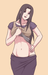 Rule 34 | 1girl, abs, black eyes, black hair, breasts, clothes lift, clothes pull, groin, hand on own hip, head tilt, highres, indy rique, long hair, looking at viewer, medium breasts, mature female, naruto, naruto (series), navel, open mouth, pants, pants pull, self exposure, shirt, shirt lift, smile, solo, uchiha mikoto, underboob, yellow background