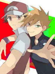 Rule 34 | 2boys, black shirt, blue oak, blush, brown eyes, brown hair, closed mouth, collared shirt, commentary, creatures (company), game freak, hair between eyes, hat, jacket, jewelry, looking at viewer, male focus, multiple boys, necklace, nintendo, norisukep, pokemon, pokemon frlg, red (pokemon), red headwear, shirt, short hair, short sleeves, smile, spiked hair, symbol-only commentary, upper body, wristband