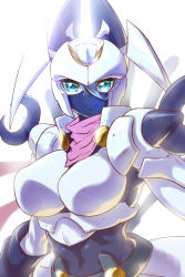 Rule 34 | 1girl, absurdres, aqua eyes, armor, black bodysuit, bodysuit, boobplate, breastplate, breasts, closed mouth, commentary, covered mouth, cowboy shot, dianamon, digimon, digimon (creature), gauntlets, gerusyu, hair between eyes, helmet, highres, large breasts, looking at viewer, mask, pink scarf, scarf, shoulder armor, solo, white armor