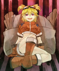 Rule 34 | 1girl, backpack, bad id, bad pixiv id, bag, bashikou, bel hydra, blonde hair, blood lad, boots, breasts, gloves, goggles, goggles on head, large breasts, navel, open mouth, red eyes, short hair, short twintails, shorts, sitting, solo, twintails