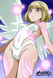 Rule 34 | 10s, 1girl, :&lt;, angel wings, artist name, bare shoulders, breasts, brown hair, cameltoe, chicago-x, cleft of venus, closed mouth, covered erect nipples, covered navel, eldlive, female focus, from below, gradient background, partially visible vulva, purple background, purple eyes, short hair, solo, sonokata misuzu, standing, white wings, wings