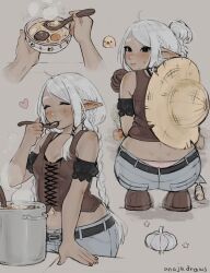 Rule 34 | 1girl, anajudraws, armband, ass, bird, blush, braid, breasts, brown gloves, brown shirt, carrot, chick, cleavage, closed eyes, cooking pot, cross-laced clothes, denim, fairy, food, garlic, gloves, grey hair, hand up, hat on back, heart, highres, looking back, midriff, multiple views, mushroom, navel, original, panties, pink panties, shirt, small breasts, soup, spoon, squatting, tan, trowel, underwear, white hair