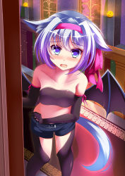 Rule 34 | 1girl, animal ears, bare shoulders, bat wings, black gloves, black thighhighs, blue eyes, blue hair, blush, breasts, collarbone, elbow gloves, gloves, gradient hair, hairband, halloween, looking at viewer, matching hair/eyes, multicolored hair, obitsume yume, open mouth, original, purple hair, shirokami gakuen, short hair, short shorts, shorts, small breasts, solo, standing, strapless, takataka, tears, thighhighs, tube top, wings
