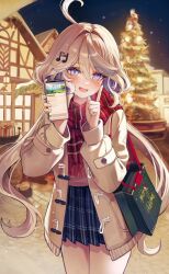 Rule 34 | 1girl, alternate costume, bag, blue eyes, blue skirt, breath, brown coat, casual, christmas tree, coat, cowboy shot, cowlick, dasha, furina (genshin impact), genshin impact, grey hair, hair ornament, hairclip, hands up, highres, holding, holding phone, long hair, looking at viewer, night, night sky, open mouth, outdoors, paper bag, phone, plaid, plaid scarf, plaid skirt, pointing, pointing up, red scarf, scarf, skirt, sky, solo, winter