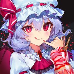 Rule 34 | 1girl, :q, ainy, ascot, bad id, bad twitter id, bat wings, black background, blue hair, blush, brooch, commentary request, cup, dress, drinking glass, food, fruit, hair between eyes, hat, hat ribbon, ice cream, jewelry, juliet sleeves, long sleeves, looking at viewer, mob cap, nail polish, pinky out, pocky, puffy sleeves, red ascot, red eyes, red nails, red ribbon, remilia scarlet, ribbon, short hair, simple background, smile, solo, strawberry, tongue, tongue out, touhou, upper body, wafer stick, white dress, white hat, wings