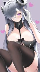 Rule 34 | 1girl, animal ears, august von parseval (azur lane), azur lane, bare shoulders, black bow, black dress, black thighhighs, blush, bow, breasts, cat ears, cleavage, cleavage cutout, clothing cutout, commentary request, dress, fake animal ears, gloves, grey hair, hair between eyes, hair over one eye, hand up, heart, heart-shaped pupils, highres, horns, large breasts, long hair, looking at viewer, megumi kei, parted lips, purple eyes, sidelocks, signature, simple background, sitting, skindentation, sleeveless, sleeveless dress, smile, solo, symbol-shaped pupils, thighhighs, white gloves