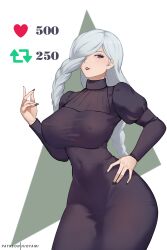 Rule 34 | 1girl, absurdres, black dress, black nails, braid, breasts, commentary, covered navel, cowboy shot, dress, grey hair, grin, hand on own hip, hand up, highres, hioyami, jujutsu kaisen, juliet sleeves, large breasts, long hair, long sleeves, looking at viewer, mei mei (jujutsu kaisen), nail polish, parted lips, puffy sleeves, purple eyes, red lips, smile, solo, standing, very long hair, white background