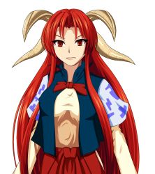 Rule 34 | 1girl, breasts, covered erect nipples, expressionless, hakama, hakama skirt, horns, jacket, japanese clothes, large breasts, long hair, looking at viewer, mushi4622, open clothes, open jacket, red eyes, red hair, red hakama, shingyoku (female), shingyoku (touhou), short sleeves, simple background, skirt, solo, touhou, touhou (pc-98), transparent background, white background