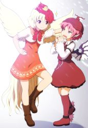 Rule 34 | 2girls, @ @, animal, animal on head, bird, bird on head, bird wings, blonde hair, boots, brown footwear, chick, commentary request, dress, full body, hand on own hip, hat, juliet sleeves, kabedon, knee boots, long sleeves, multicolored hair, multiple girls, mystia lorelei, niwatari kutaka, on head, open mouth, orange dress, pink hair, puffy sleeves, red eyes, red footwear, red hair, shirosato, short hair, smile, sparkle, tail, touhou, two-tone hair, wavy mouth, wings, yellow wings