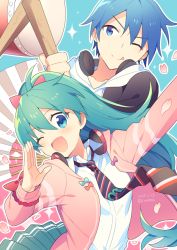 Rule 34 | 1boy, 1girl, :p, aqua eyes, aqua hair, aqua skirt, blue eyes, blue hair, bow, calling, cherry blossoms, commentary, dated, drum, drumsticks, folding fan, hair bow, hand fan, hand up, hatsune miku, headphones, headphones around neck, hood, hoodie, instrument, jacket, kaito (vocaloid), long hair, necktie, one eye closed, ooedo julia night (vocaloid), open mouth, petals, pink bow, pink jacket, ponytail, project diva (series), ribbon girl (module), school uniform parka (module), shirt, sinaooo, skirt, smile, sparkle, tongue, tongue out, twitter username, upper body, v-shaped eyebrows, very long hair, vocaloid, white shirt