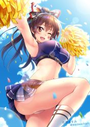 Rule 34 | 1girl, ;d, arm up, armpits, ashigara (kancolle), ashigara kai ni (kancolle), belt, blue skirt, blue sky, blush, breasts, brown eyes, brown hair, cheerleader, cloud, crop top, day, facial mark, fangs, hair ornament, hair ribbon, hairband, hand up, highres, ishihara masumi, kantai collection, large breasts, leg up, long hair, looking at viewer, midriff, miniskirt, navel, one eye closed, open mouth, outdoors, panties, pleated skirt, pom pom (cheerleading), ponytail, ribbon, skindentation, skirt, sky, sleeveless, smile, socks, solo, sweat, thighs, twitter username, underbust, underwear, wavy hair, white panties