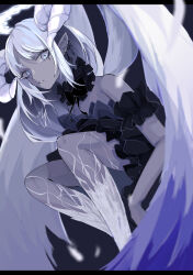 Rule 34 | 1girl, absurdres, bare legs, bare shoulders, earrings, feathered wings, frills, goma irasuto, highres, horns, jewelry, long hair, looking at viewer, original, parted lips, pointy ears, signature, very long hair, white hair, wings