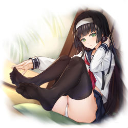 Rule 34 | 1girl, adjusting hair, bishoujo mangekyou, black hair, black sailor collar, black thighhighs, chinese commentary, commentary request, feet, full body, green eyes, hairband, hentai kuwa, highres, hime cut, long hair, long sleeves, looking at viewer, neckerchief, no shoes, panties, pantyshot, parted lips, pillow, pleated skirt, red neckerchief, renge (bishoujo mangekyou), sailor collar, school uniform, serafuku, shirt, sitting, skirt, solo, thighhighs, toes, underwear, white panties, white shirt